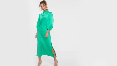Asos Design Cowl Neck Satin Tea Midi Dress With Puff Sleeve