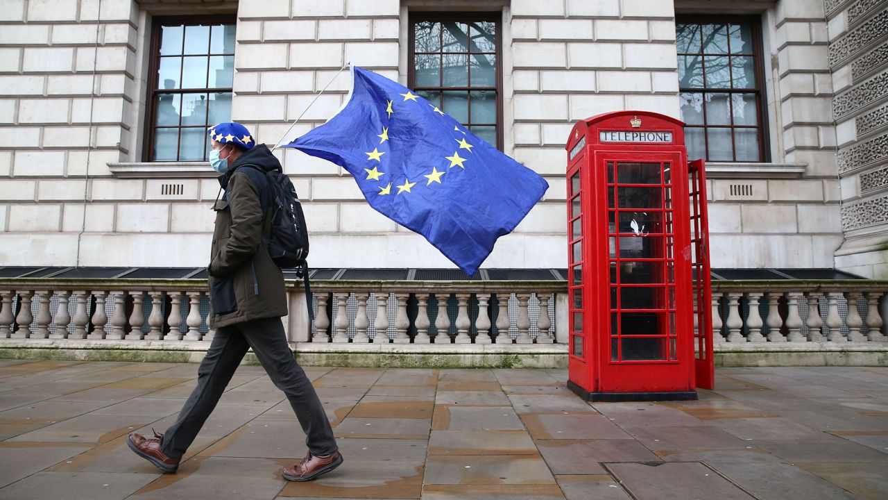 A man wearing an EU flag-themed beret and carrying an EU flag is seen on Whitehall in central London on December 11, 2020.