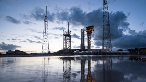 A United Launch Alliance Atlas V rocket with Boeing's CST-100 Starliner spacecraft onboard is seen on the launch pad at Space Launch Complex 41 ahead of the Orbital Flight Test mission in December 2019.
