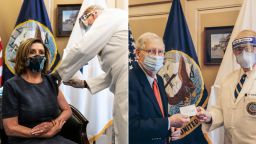 At left, Speaker of the House Nancy Pelosi, and, at right, Senate Majority Leader Mitch McConnell, are both seen being vaccinated by Capitol Attending Physician Dr. Brian Monahan on Capitol Hill.