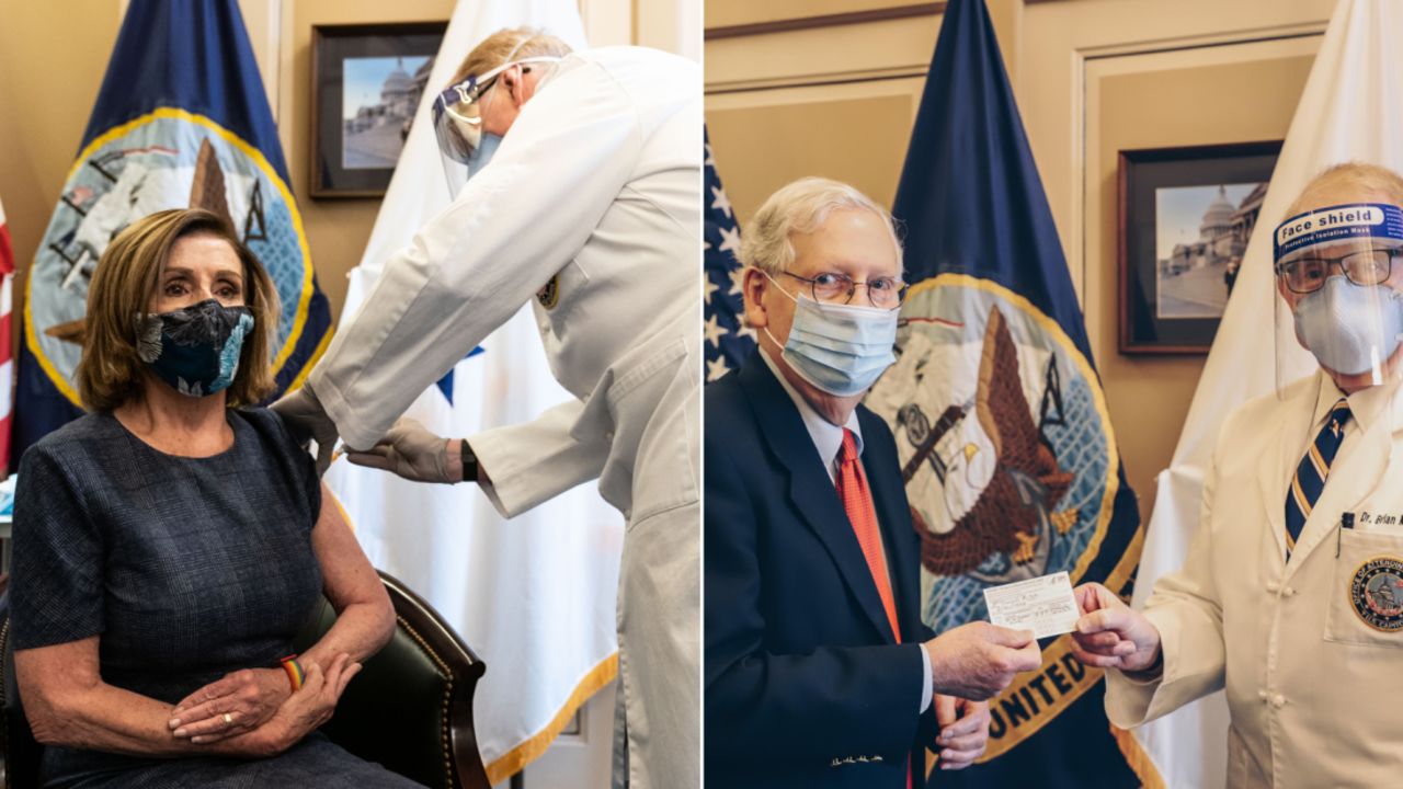 House speaker Nancy Pelosi, at left, and then-Senate Majority Leader Mitch McConnell were vaccinated with their first dose in December.