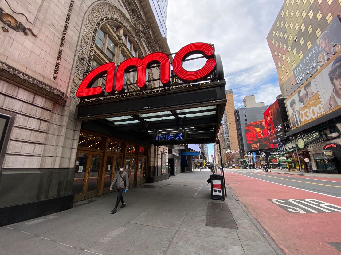 An AMC movie theater in Times Square remains closed during the coronavirus pandemic on May 3, 2020 in New York City.