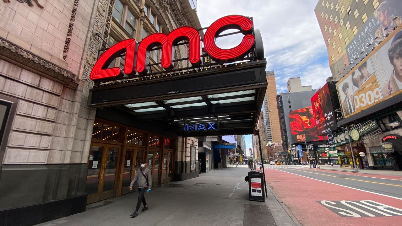 An AMC movie theater in Times Square remains closed during the coronavirus pandemic on May 3, 2020 in New York City. 