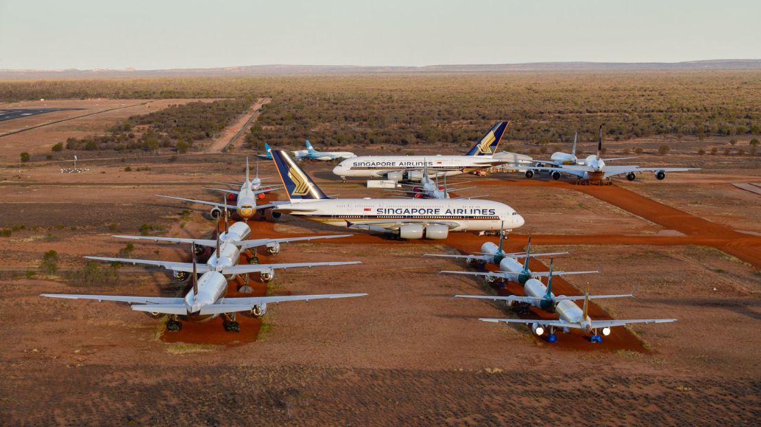 Grounded airplanes at the Asia Pacific Aircraft Storage facility in Alice Springs, Australia.