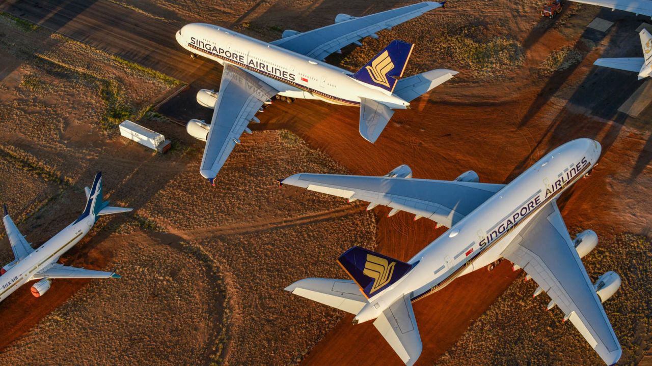 ALICE SPRINGS, AUSTRALIA - MAY 15: Grounded aeroplanes which include Airbus A380s, Boeing MAX 8s and other smaller aircrafts are seen at the Asia Pacific Aircraft Storage facility on May 15, 2020 in Alice Springs, Australia. The number of passenger planes housed at the Asia Pacific Aircraft Storage facility has increased due to the Coronavirus (COVID-19) pandemic with at least four Airbus A380 planes grounded there, the first time the aircraft has landed at Alice Springs. (Photo by Steve Strike/Getty Images)