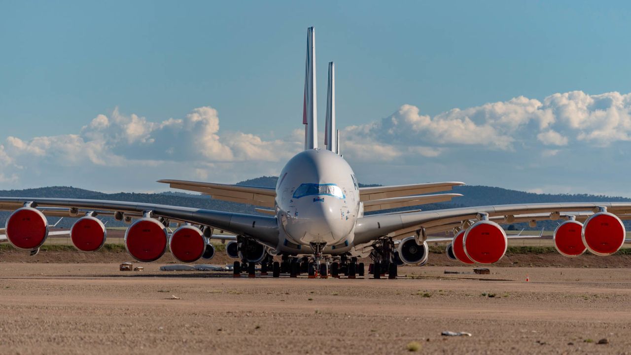 TERUEL, SPAIN - MAY 18: Airbus A380 passenger aircraft operated by Air France stand parked in a storage facility operated by TARMAC Aerosave at Teruel Airport on May 18, 2020 in Teruel, Spain. The airport, which is used for aircraft maintenance and storage, has received increased demand as the Covid-19 pandemic forces the world's major carriers to ground planes. (Photo by David Ramos/Getty Images)