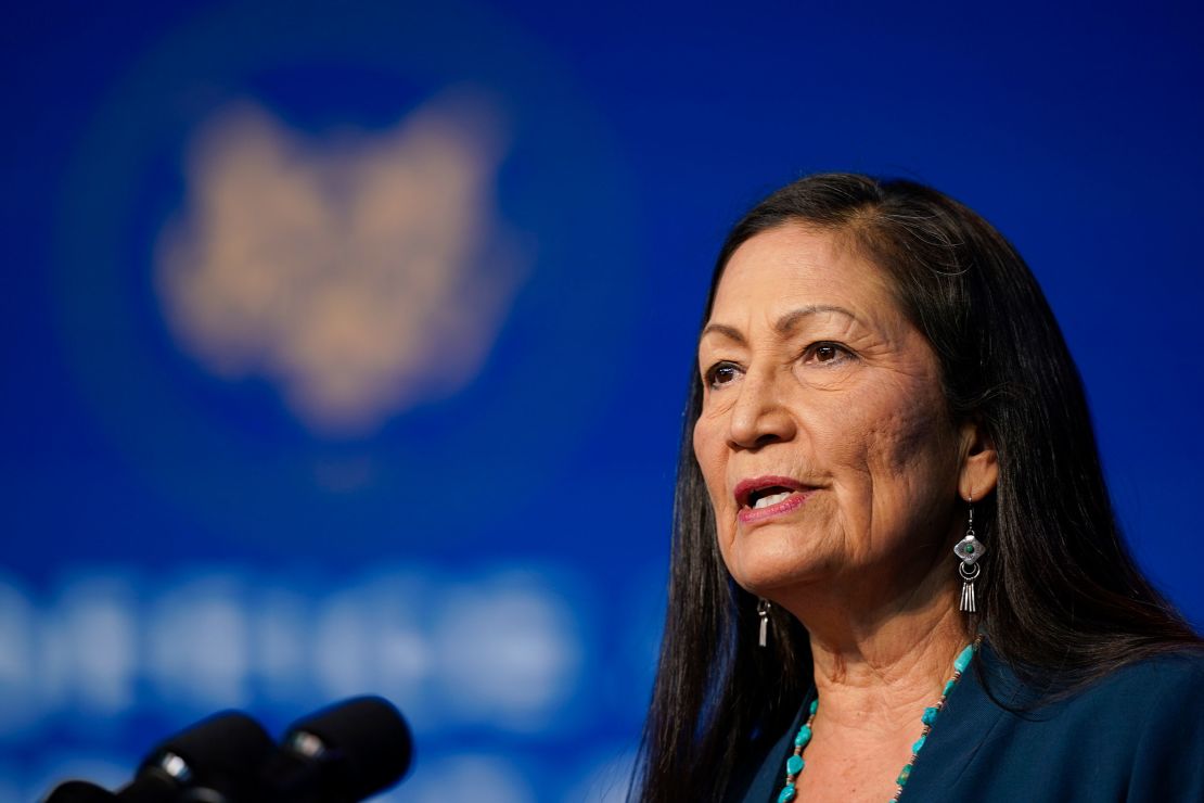 The Biden administration's nominee for Secretary of Interior, Rep. Deb Haaland, D-N.M., sspeaks at The Queen Theater in Wilmington, Delaware, on Dececember 19.