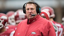 FAYETTEVILLE, AR - NOVEMBER 18:  Head Coach Bret Bielema of the Arkansas Razorbacks on the sidelines during a game against the Mississippi State Bulldogs at Razorback Stadium on November 18, 2017 in Fayetteville, Arkansas.  The Bulldogs defeated the Razorbacks 28-21.  (Photo by Wesley Hitt/Getty Images)