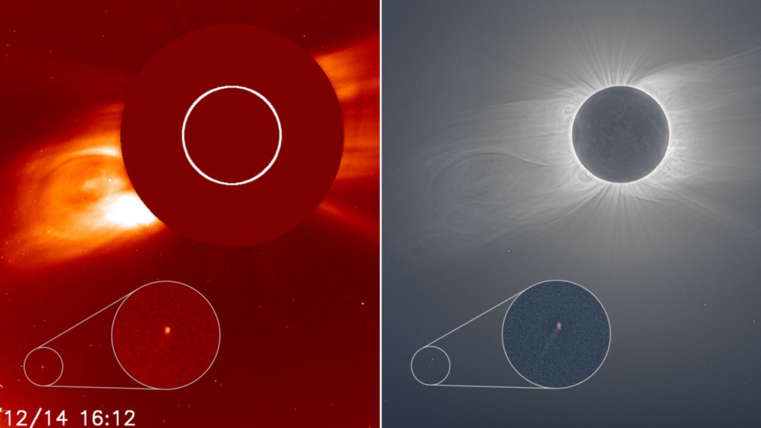 The camera on the joint European Space Agency and NASA Solar and Heliospheric Observatory (left) shows the newly discovered comet at bottom left. A composite image (right) depicts the total solar eclipse December 14.
