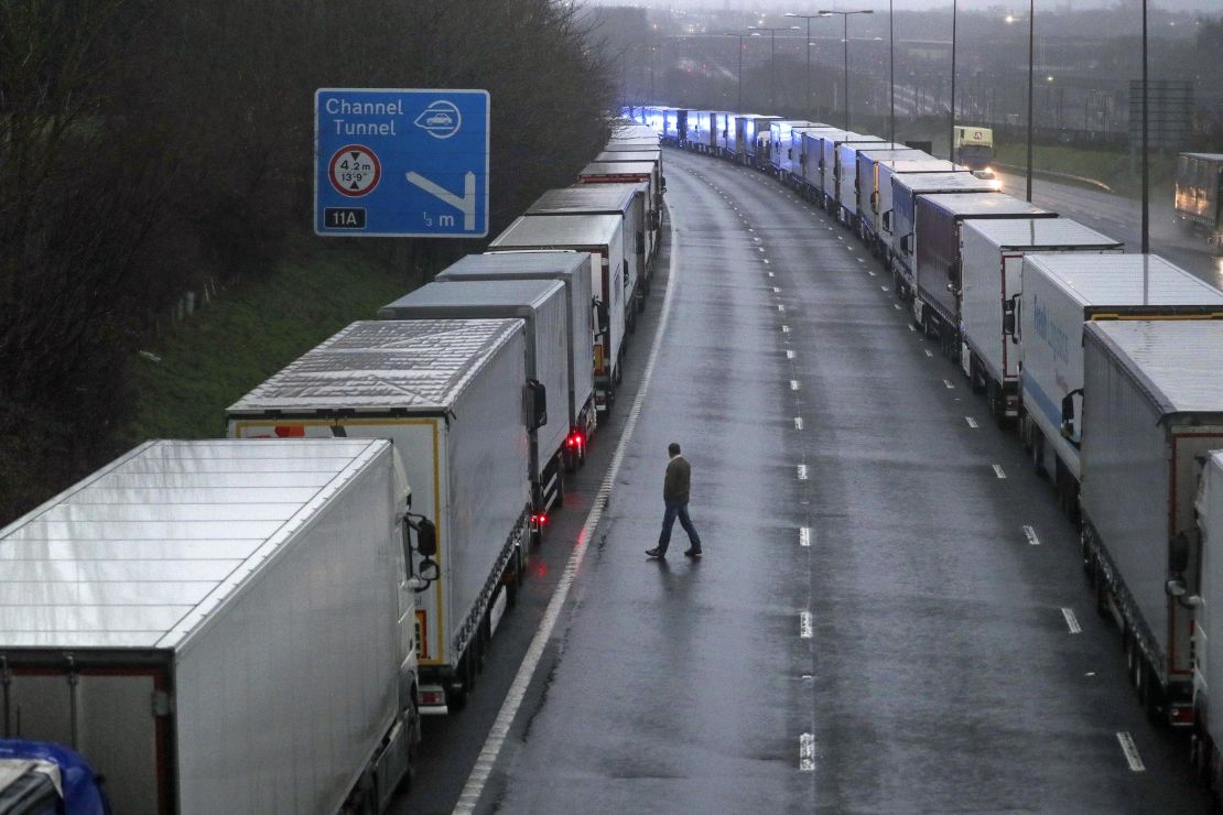 Trucks parked on the M20 near Folkestone, Kent, as part of Operation Stack after the Port of Dover was closed and access to the Eurotunnel terminal suspended.