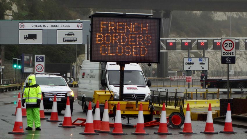 A sign alerts customers that the "French Borders are Closed" at the entrance to the Port of Dover in Kent, south east England on December 21, 2020, as a string of countries banned travellers all but unaccompanied freight arriving from the UK, due to the rapid spread of a more-infectious new coronavirus strain. - Britain's critical south coast port at Dover said on Sunday it was closing to all accompanied freight and passengers due to the French border restrictions "until further notice". (Photo by William EDWARDS / AFP) (Photo by WILLIAM EDWARDS/AFP via Getty Images)
