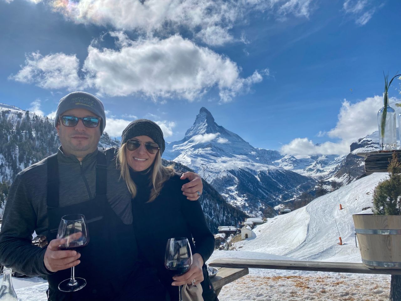 The writer and her husband in Zermatt, Switzerland, last year before they rushed back to the US amid the raging pandemic.
