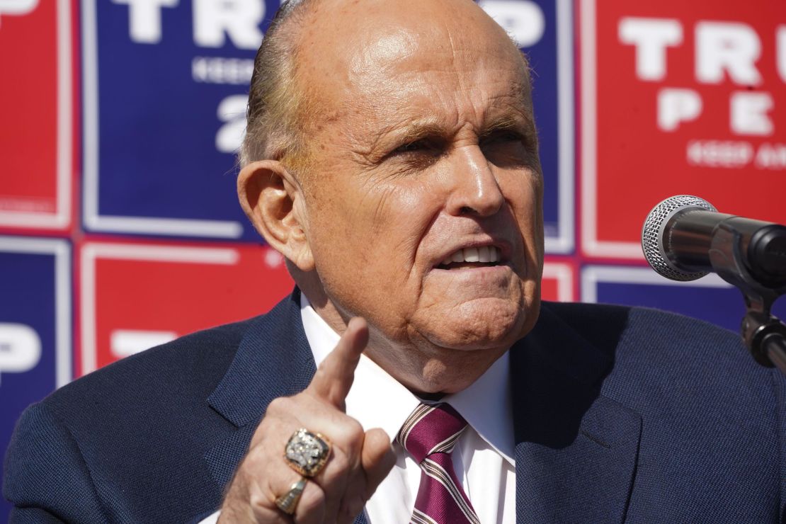 Attorney for the President, Rudy Giuliani, speaks at a news conference in the parking lot of a landscaping company on November 7, 2020 in Philadelphia.