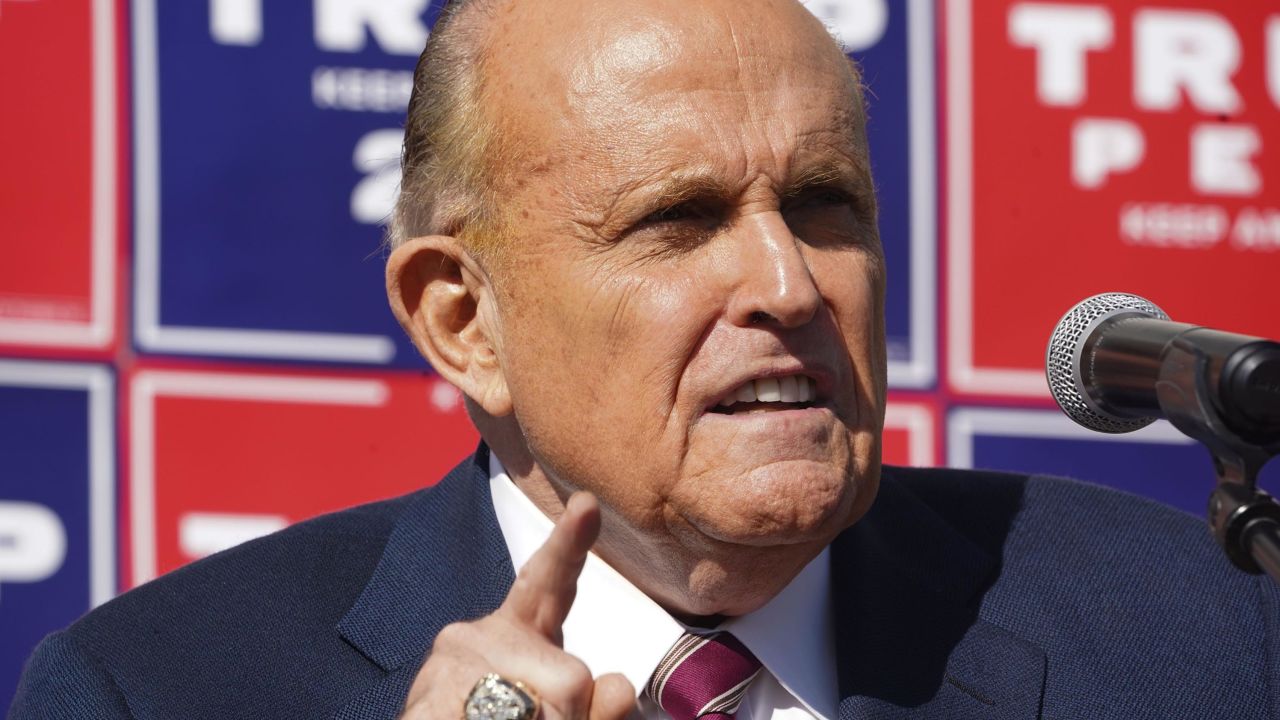 Rudy Giuliani speaks at a news conference in the parking lot of a landscaping company on November 7, 2020, in Philadelphia. 