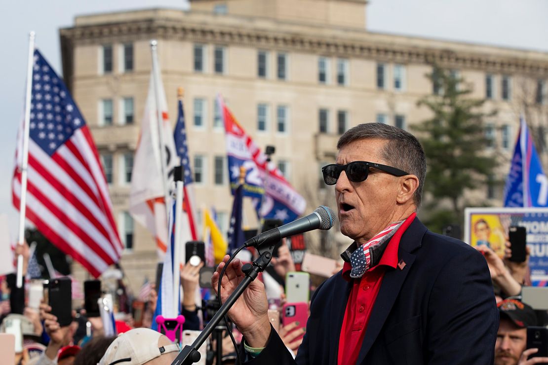 Former Gen. Michael Flynn, President Donald Trump's recently pardoned national security adviser, speaks during a protest of the outcome of the election outside the Supreme Court on December 12.