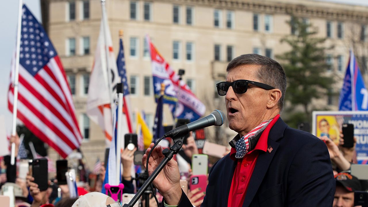 Former Gen. Michael Flynn, President Donald Trump's recently pardoned national security adviser, speaks during a protest of the outcome of the election outside the Supreme Court on December 12.