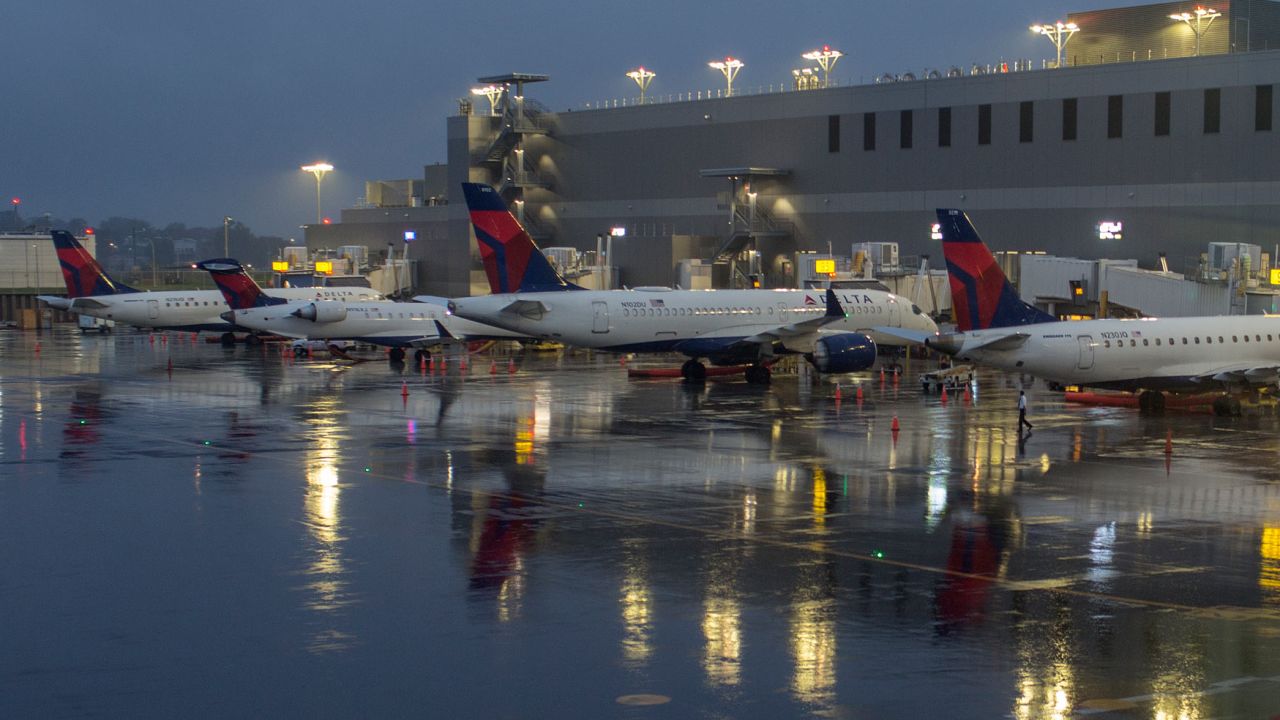 Planes line up at LaGuardia Airport's Delta Terminal in September.