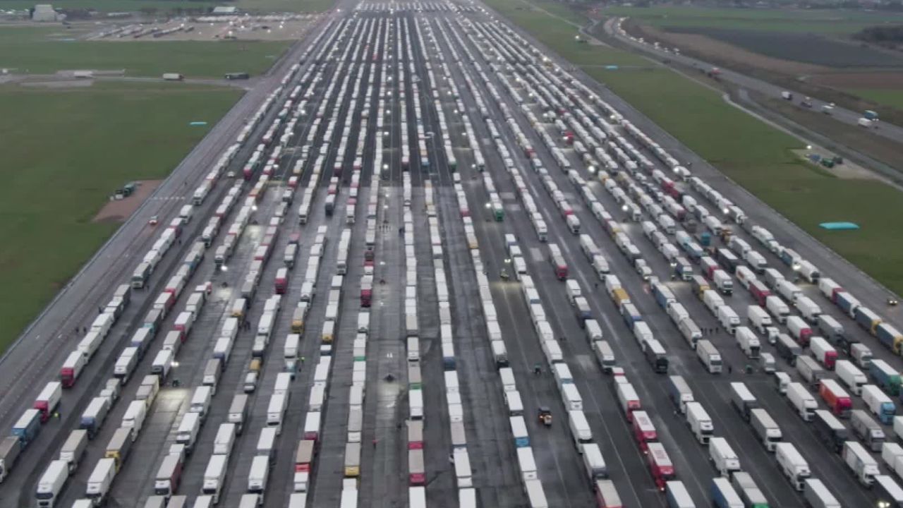 Trucks lined up at the disused Manston Airport, which was activated as a holding area.