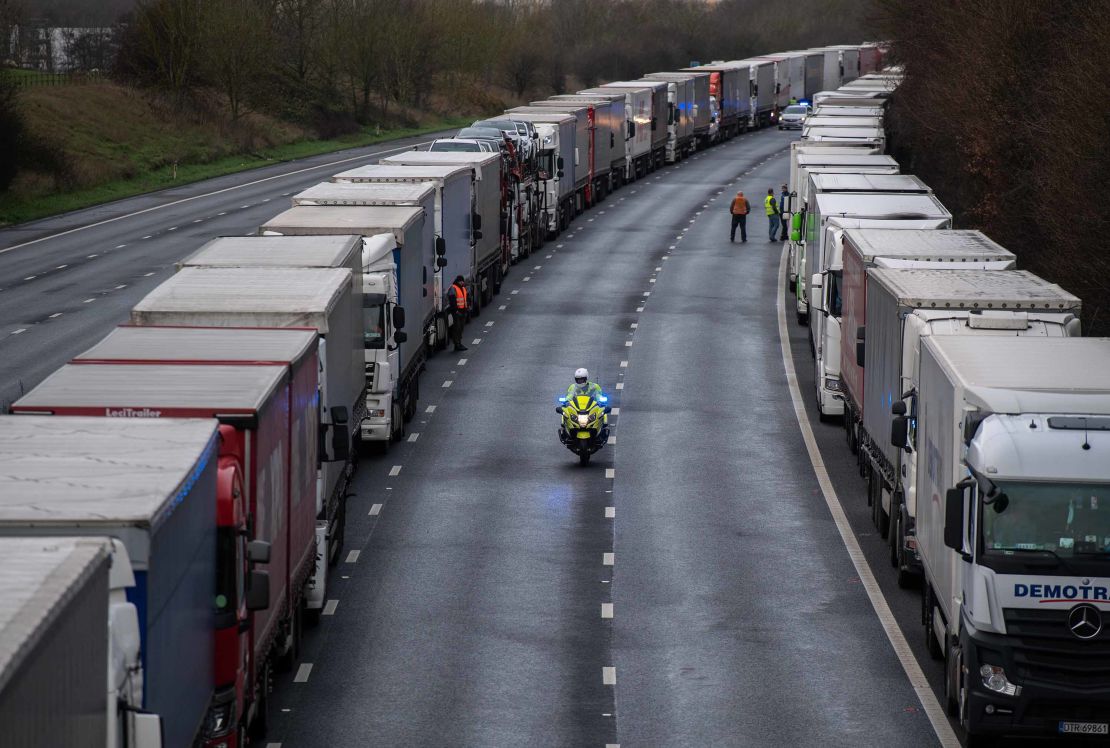 Truck are stacked along the M20 motorway as the border to France is closed on Dec. 22 in Sellindge, United Kingdom. 