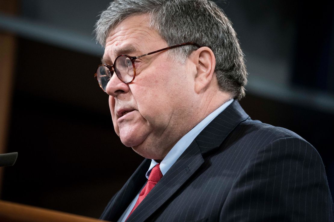Attorney General William Barr participates in a press conference at the Department of Justice along with DOJ officials on February 10, 2020 in Washington, DC. 
