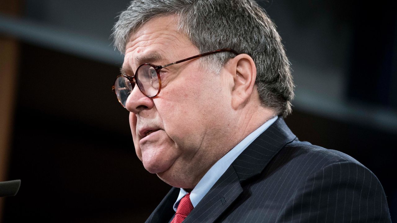 Attorney General William Barr participates in a press conference at the Department of Justice along with DOJ officials on February 10, 2020 in Washington, DC.