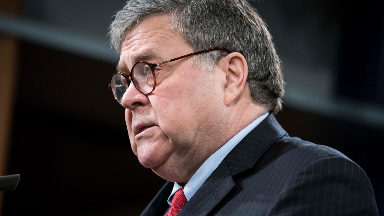 Attorney General William Barr participates in a news conference at the Department of Justice in February 2020 in Washington, DC. 