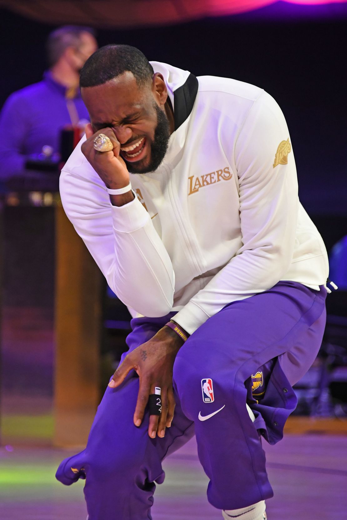 LeBron James reacts as he gets his 2019-20 NBA Championship ring during the ring ceremony.