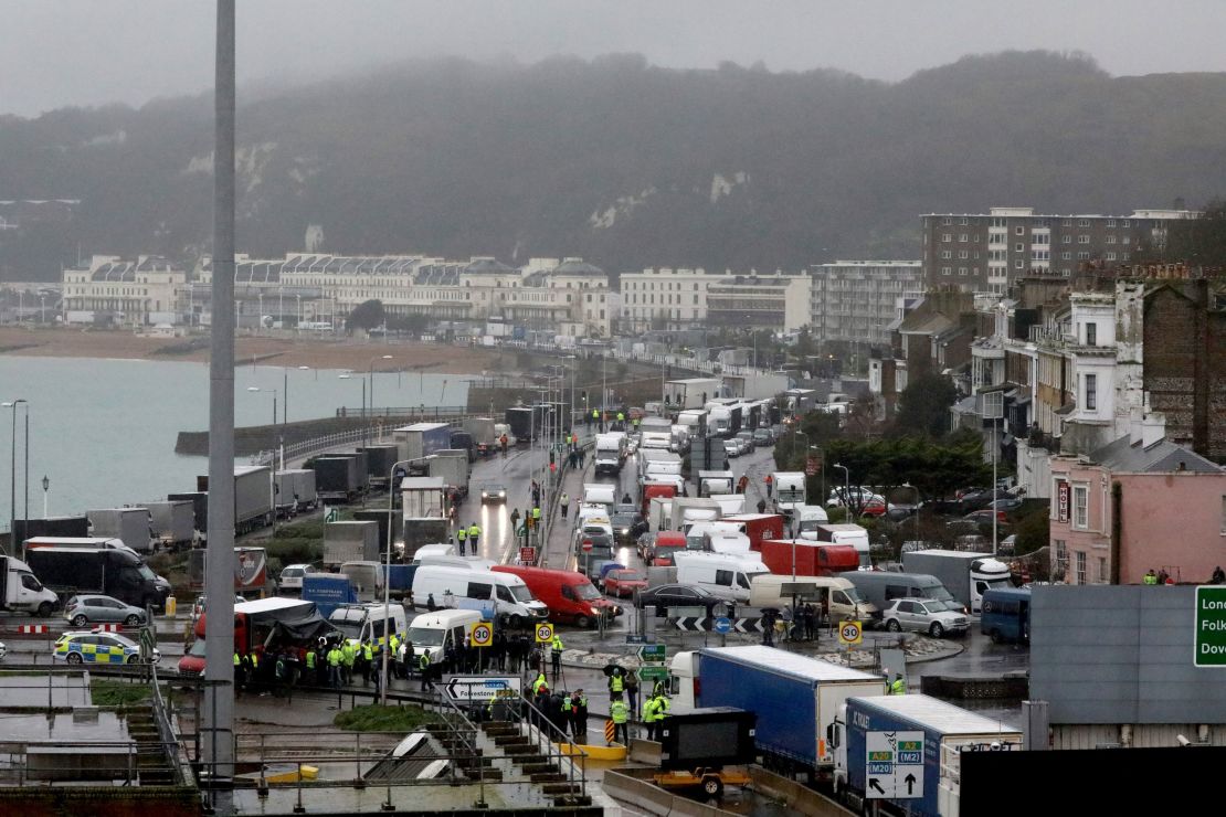 Travellers to Europe are stopped by police officers at the Port of Dover on Wednesday morning.