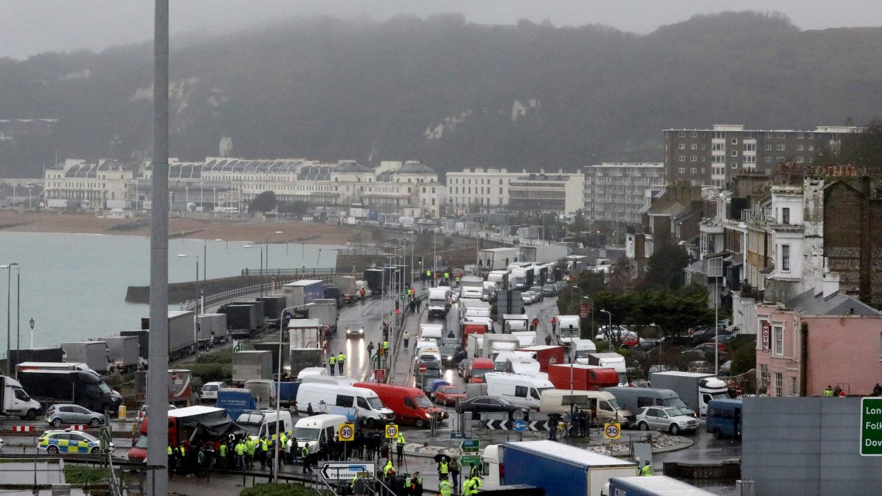 Travellers to Europe are stopped by police officers at the Port of Dover on Wednesday morning.
