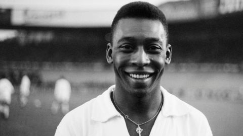 Brazilian striker Pelé, wearing his famous Santos jersey in 1961.
