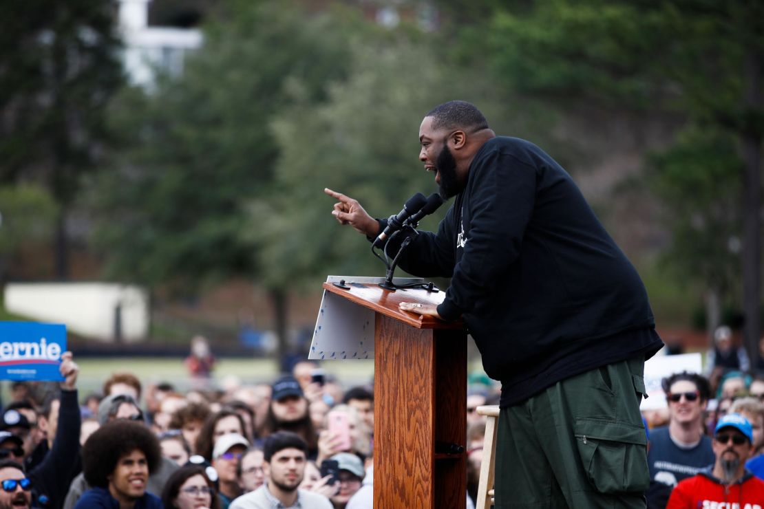 Killer Mike addresses a campaign rally ahead of Democratic presidential candidate Sen. Bernie Sanders in South Carolina on February 28. 