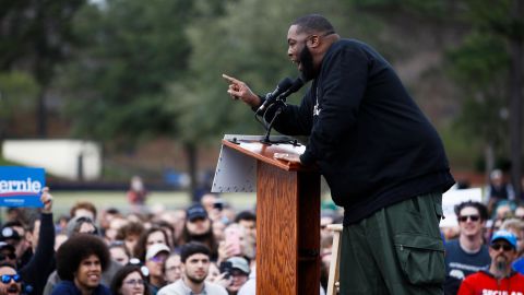 Killer Mike addresses a campaign rally ahead of Democratic presidential candidate Sen. Bernie Sanders in South Carolina on February 28. 