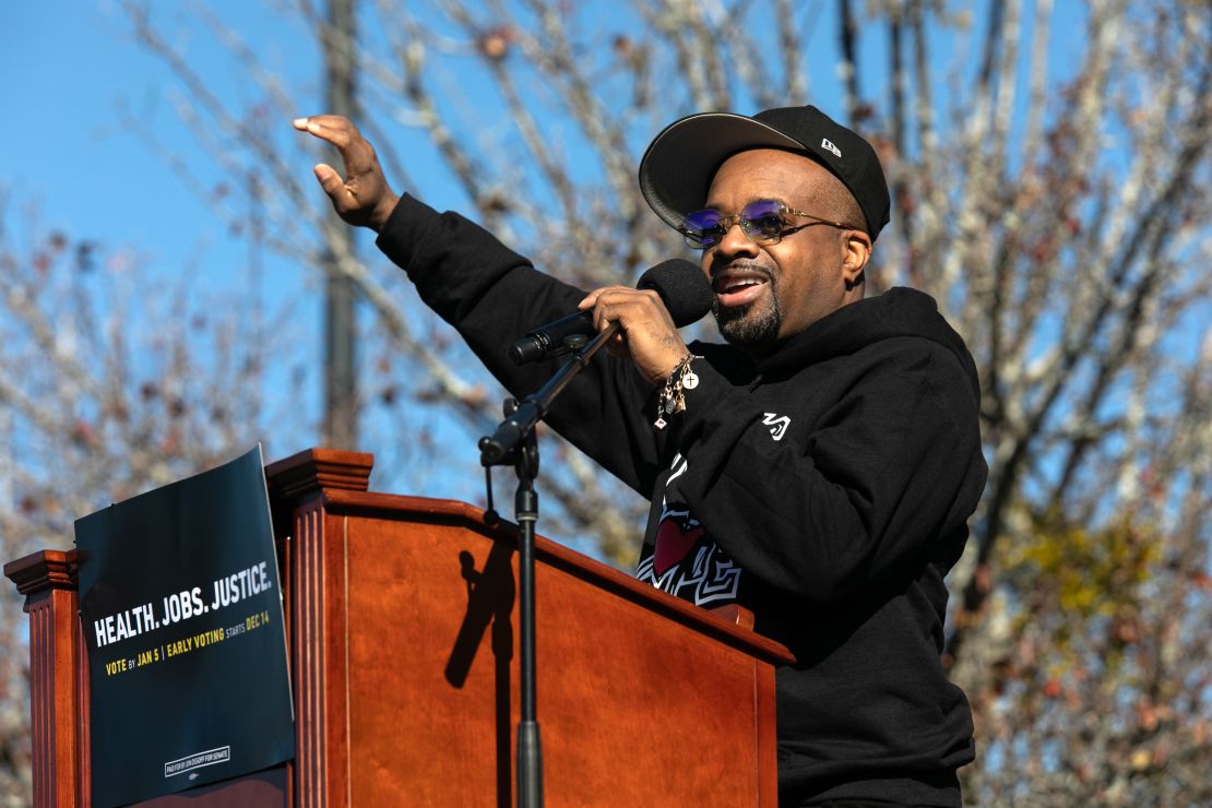 Jermaine Dupri speaks during a campaign rally for US Senate candidates Jon Ossoff and Raphael Warnock on December 5.