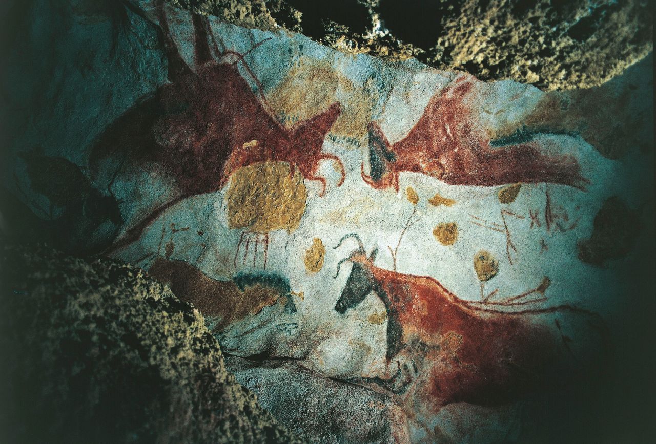 The Lascaux caves in France are filled with Paleolithic-era paintings of bulls, some in hunting scenes and one with star patterns around its head.
