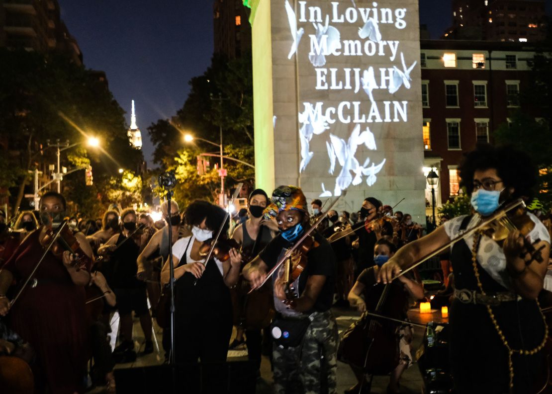 String players perform during a violin vigil for Elijah McClain in Washington Square Park on June 29, 2020 in New York City.