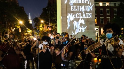 String players perform during a violin vigil for Elijah McClain in Washington Square Park on June 29, 2020 in New York City. 