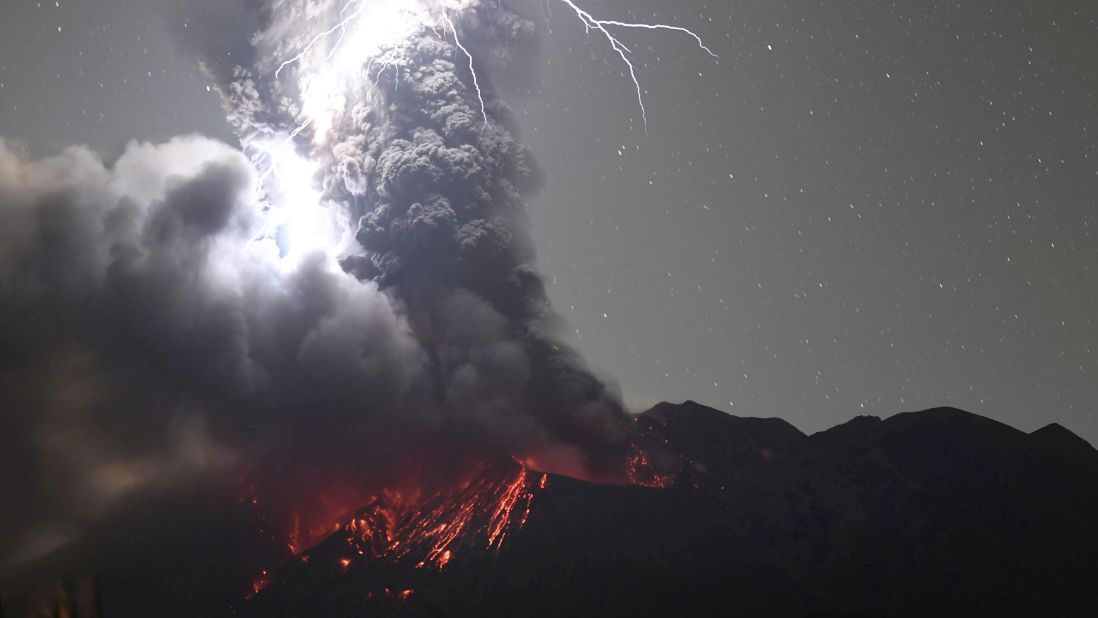 <strong>Mount Sakurajima, Japan: </strong>A lightning bolt strikes the famous Japanese volcano, which is one of the most active volcanoes in the world.