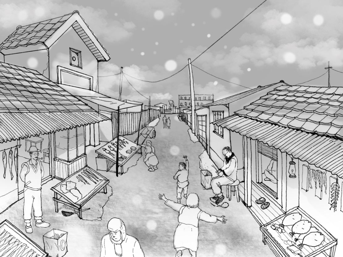 A 3D artist's sketch of Pyongyang based on Hyun Mi's memories. 