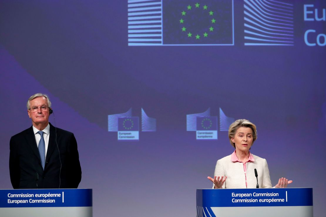 European Commission President Ursula von der Leyen, right, and European Commission's Head of Task Force for Relations with the UK Michel Barnier speak after the deal was agreed in Brussels on Thursday.