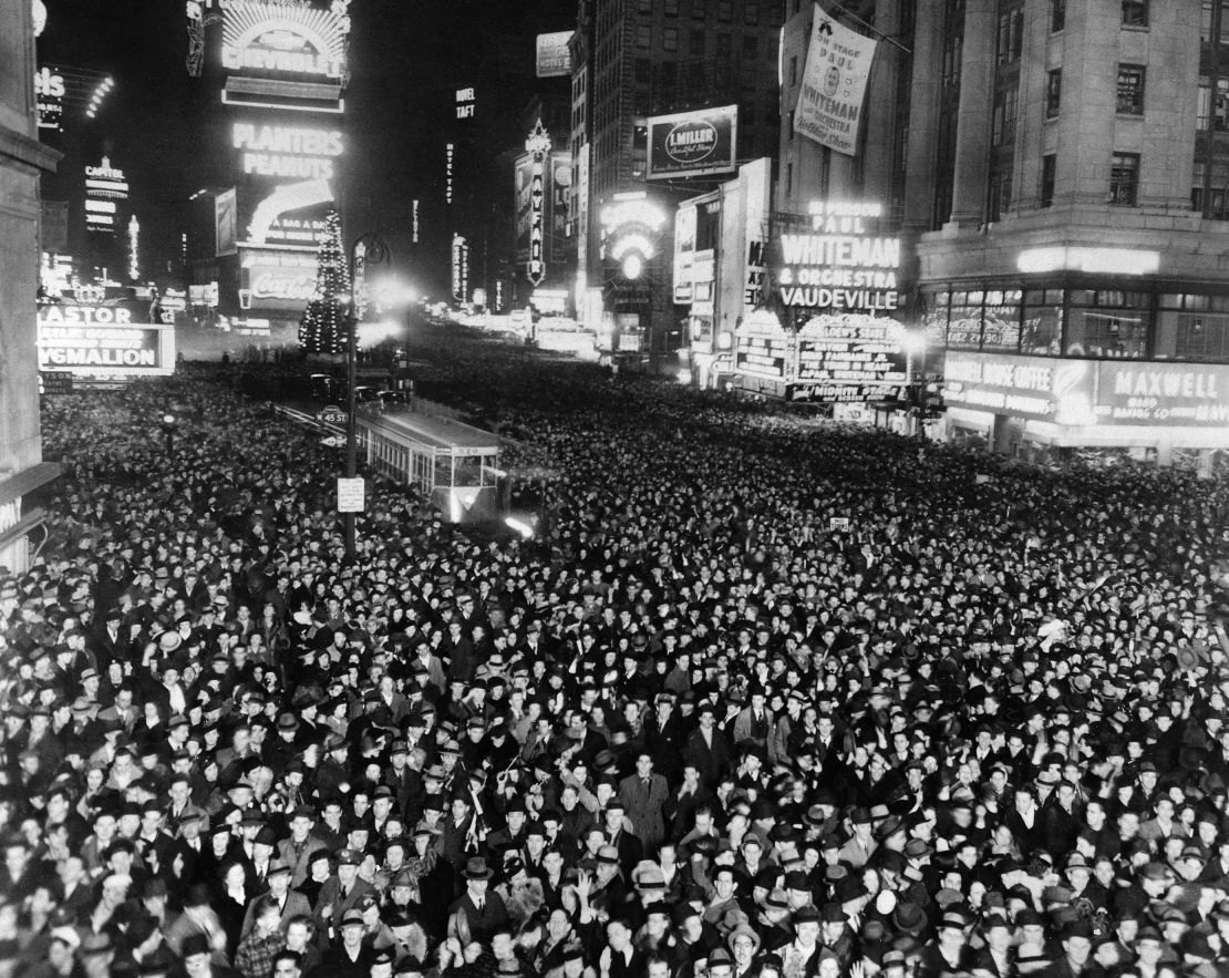 Crowds gather in Times Square to on December 31, 1938. The intersection has hosted New Year's Eve celebrations since 1904.