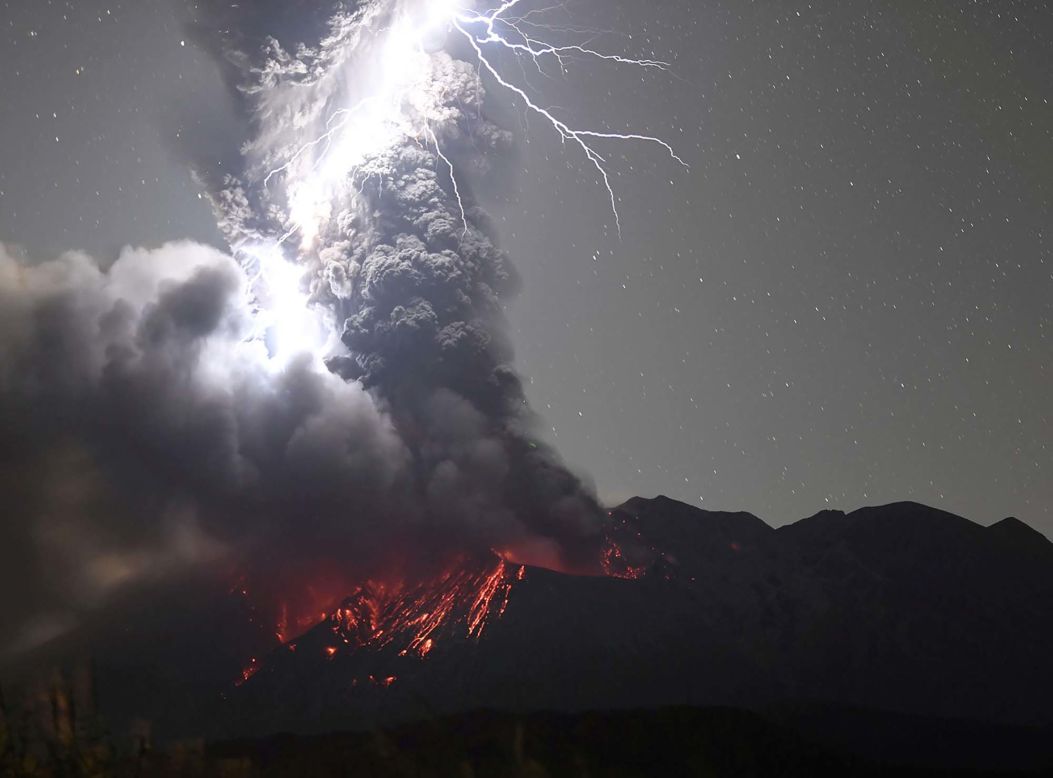 Volcanic lightning appears over Mount Sakurajima as the volcano erupts near Tarumizu, Japan, on Thursday, December 17.