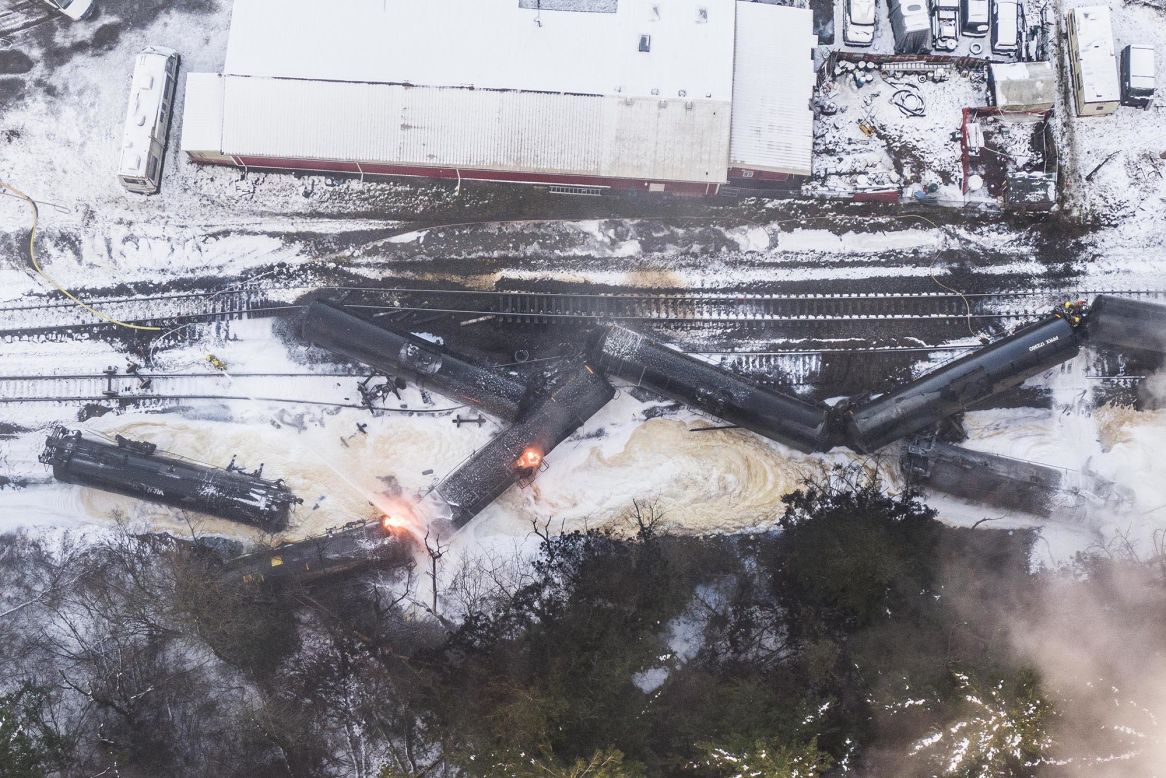 Crude oil burns after seven tank cars derailed from a train in Custer, Washington, on Tuesday, December 22. The derailment resulted in a fire and evacuations of the area.