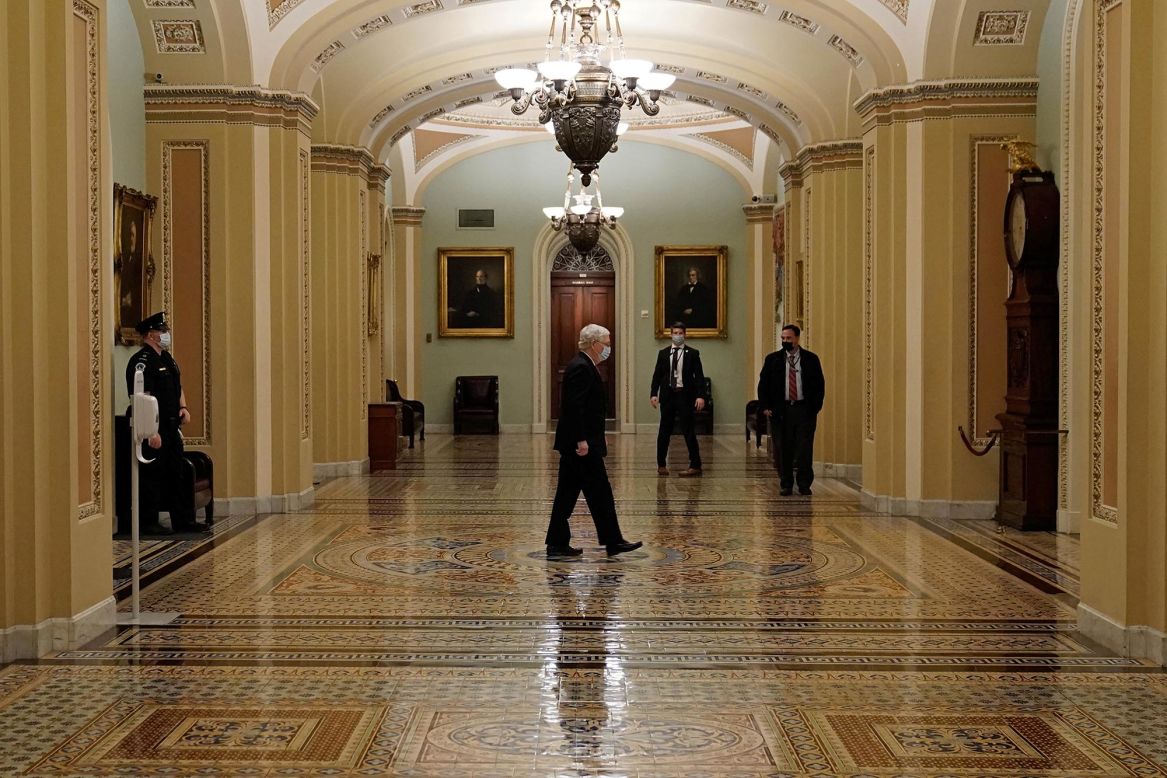 US Senate Majority Leader Mitch McConnell walks from the Senate floor on Capitol Hill in Washington, DC, on Monday, December 21. Congress passed a massive <a href="https://www.cnn.com/2020/12/20/politics/stimulus-latest-shutdown-deadline/index.html" target="_blank">coronavirus relief bill</a>, which includes up to $600 payments to all Americans making under certain income levels. However, President Donald Trump has said he <a href="https://www.cnn.com/2020/12/23/politics/donald-trump-covid-relief-capitol-hill/index.html" target="_blank">will not sign the bill. </a>