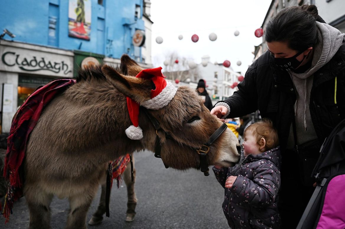Two-year-old Sofia Fox is nuzzled by a donkey wearing a Santa hat while shopping in Galway, Ireland, on Tuesday, December 22.