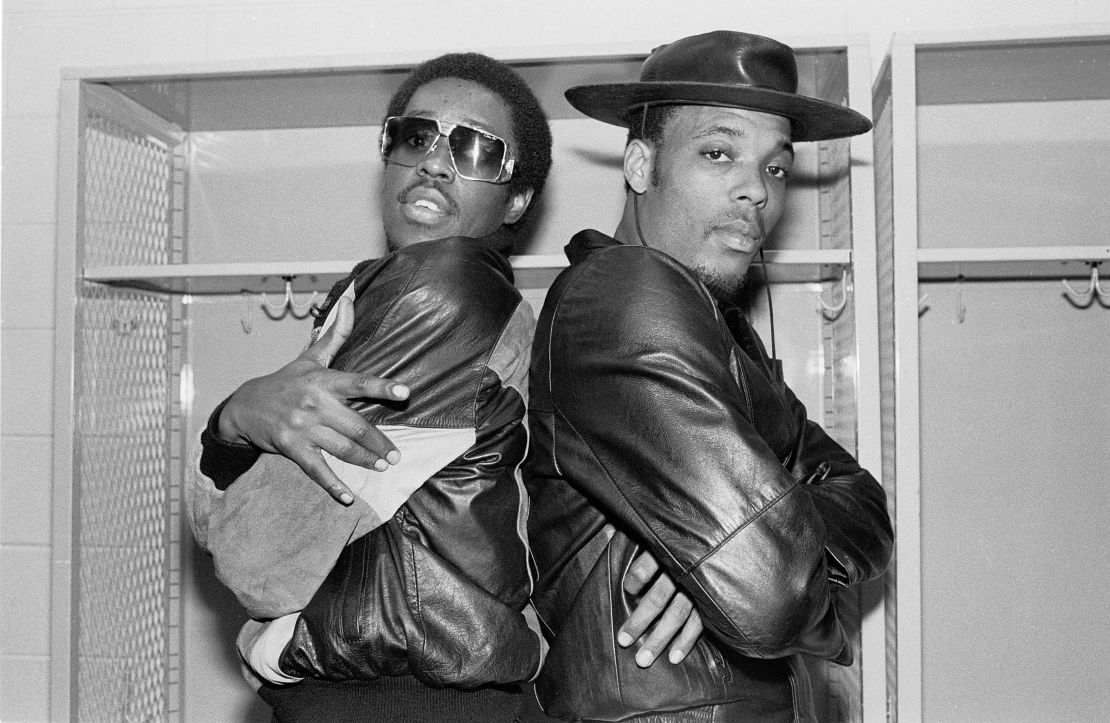Portrait of members of the American Hip-hop group Whodini, Jalil Hutchins (left) and John Fletcher (aka Ecstasy) as they pose backstage at the UIC Pavilion, Chicago on October 20, 1984.