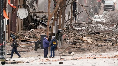 Emergency personnel work near the scene of an explosion in downtown Nashville.