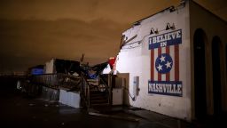 General view of a mural on heavily damaged The Basement East in the East Nashville neighborhood on March 3, 2020 in Nashville, Tennessee. A tornado passed through Nashville just after midnight leaving a wake of damage in its path including two people killed in East Nashville.