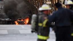 A vehicle is on fire after an explosion in the area of Second and Commerce Friday, Dec. 25, 2020 in Nashville, Tenn.