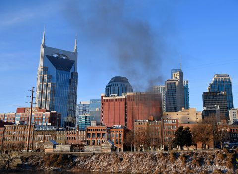 Smoke rises from 2nd Avenue North in downtown Nashville after the explosion.