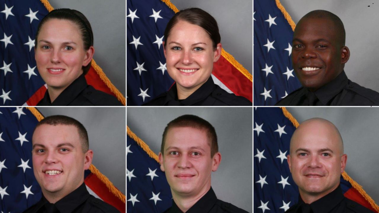 Clockwise, from top-left: Officer Amanda Topping, Officer Brenna Hosey, Officer James Wells, Officer Michael Sipos, Officer Tyler Luellen and Sgt. Timothy Miller.